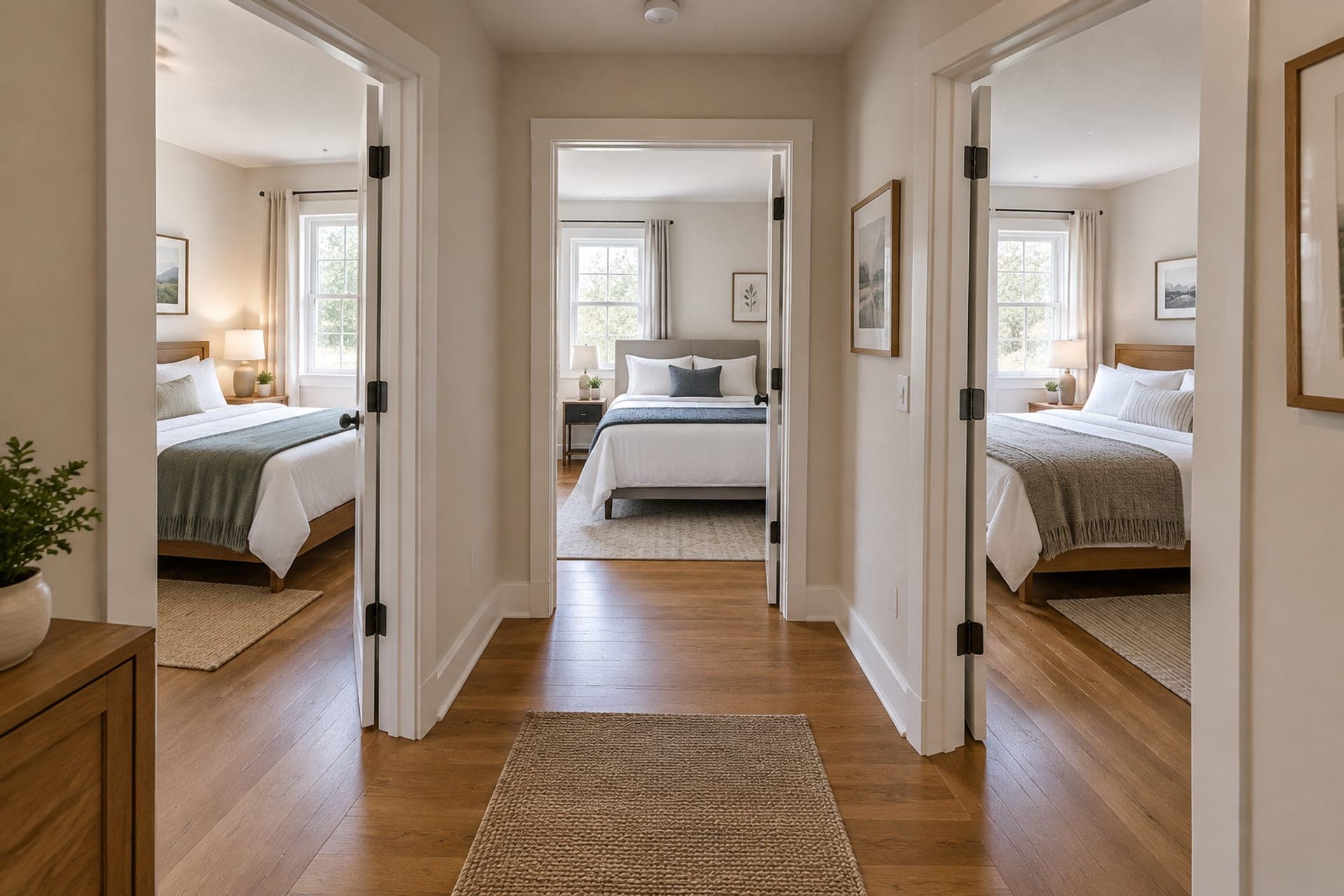 Hallway of a furnished shared home with three private bedrooms