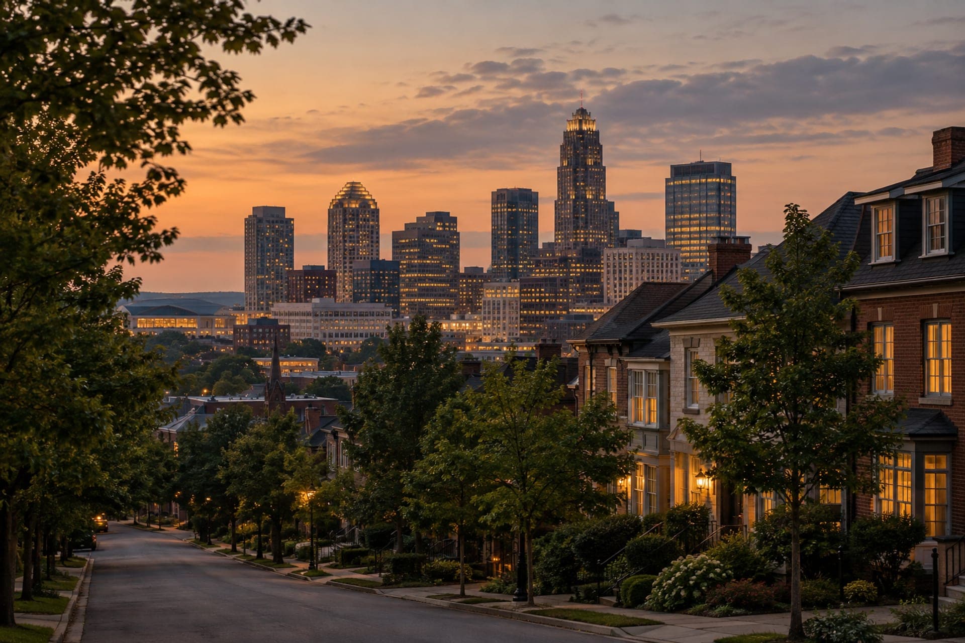 Residential street with a city skyline in the distance