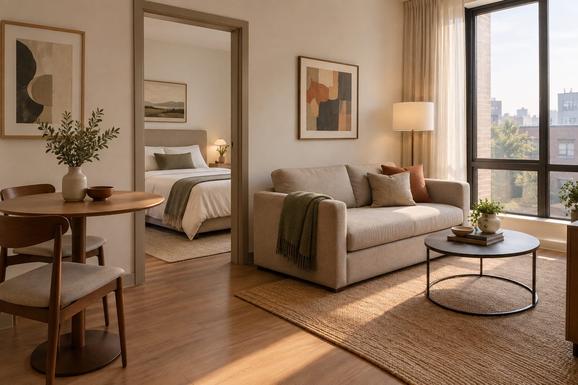 Living area of a compact furnished one-bedroom apartment